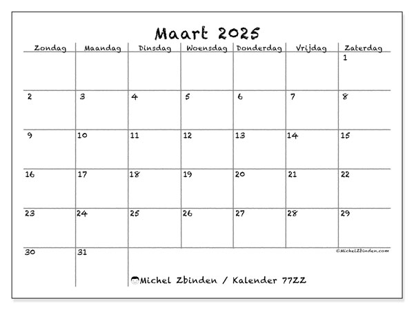 Kalender maart 2025 “77”. Gratis af te drukken agenda.. Zondag tot zaterdag
