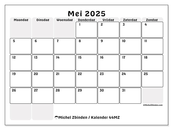 Kalender mei 2025 “44”. Gratis af te drukken agenda.. Maandag tot zondag