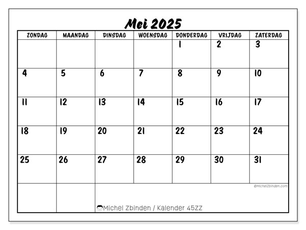 Kalender om af te drukken, mei 2025, 45ZZ