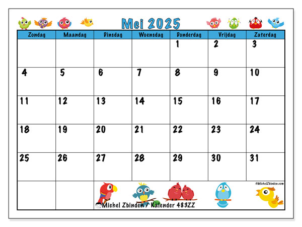 Kalender om af te drukken, mei 2025, 483ZZ