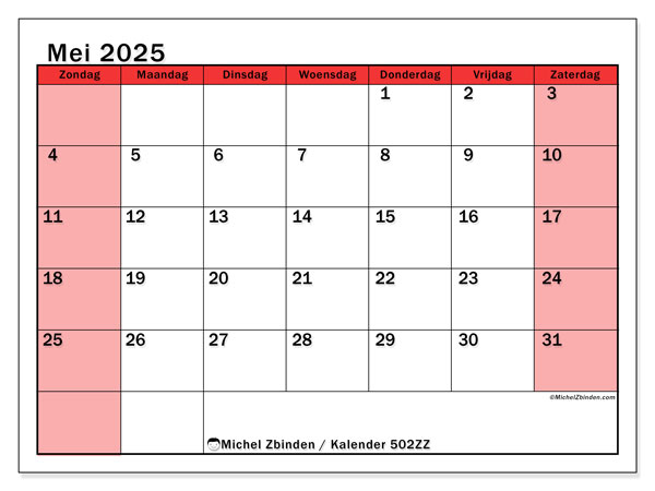 Kalender mei 2025 “502”. Gratis afdrukbaar programma.. Zondag tot zaterdag