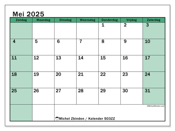 Kalender om af te drukken, mei 2025, 503ZZ