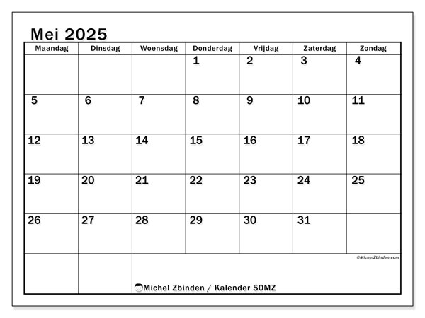 Kalender mei 2025 “50”. Gratis afdrukbare kalender.. Maandag tot zondag