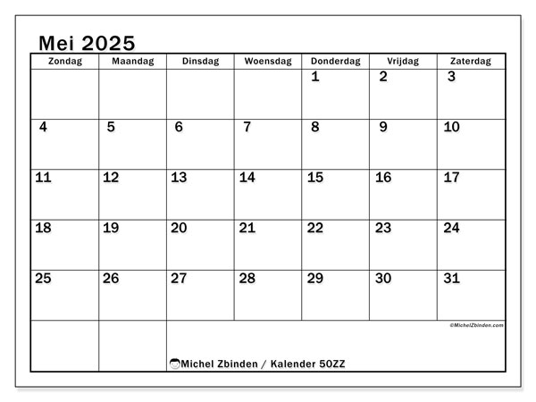 Kalender mei 2025 “50”. Gratis afdrukbare kalender.. Zondag tot zaterdag