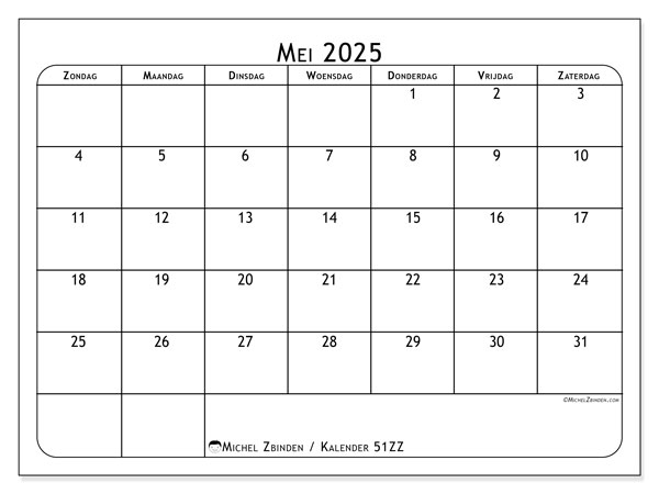 Kalender om af te drukken, mei 2025, 51ZZ