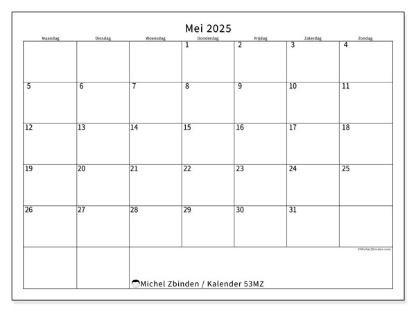 Kalender mei 2025 “53”. Gratis printbaar schema.. Maandag tot zondag