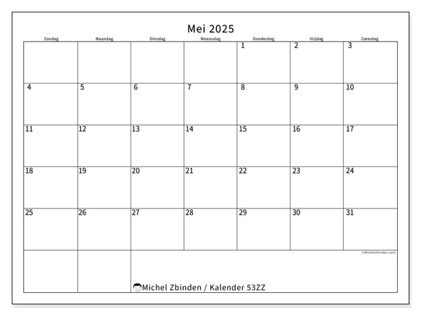 Kalender mei 2025 “53”. Gratis printbaar schema.. Zondag tot zaterdag