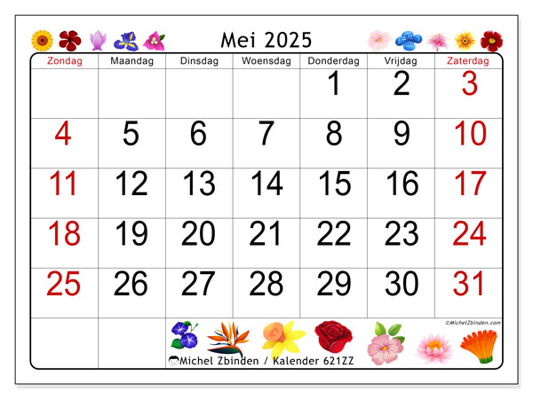 Kalender om af te drukken, mei 2025, 621ZZ