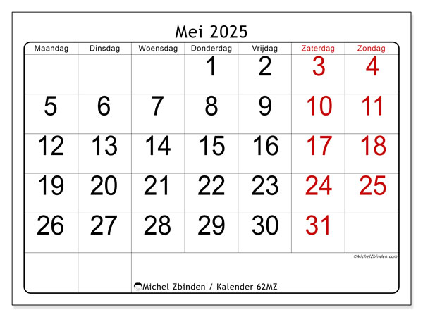 Kalender om af te drukken, mei 2025, 62MZ