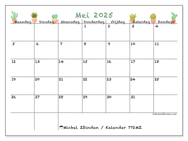 Kalender om af te drukken, mei 2025, 772MZ