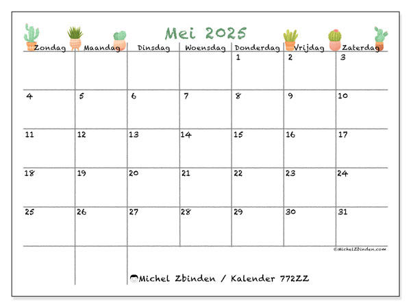 Kalender om af te drukken, mei 2025, 772ZZ