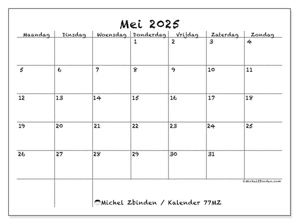 Kalender om af te drukken, mei 2025, 77MZ