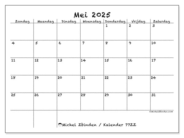 Kalender om af te drukken, mei 2025, 77ZZ