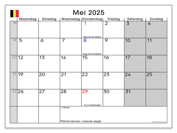 Kalender zum Ausdrucken, Mai 2025, Belgien (NL)