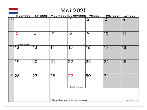 Kalender til udskrivning, maj 2025, Nederlandene