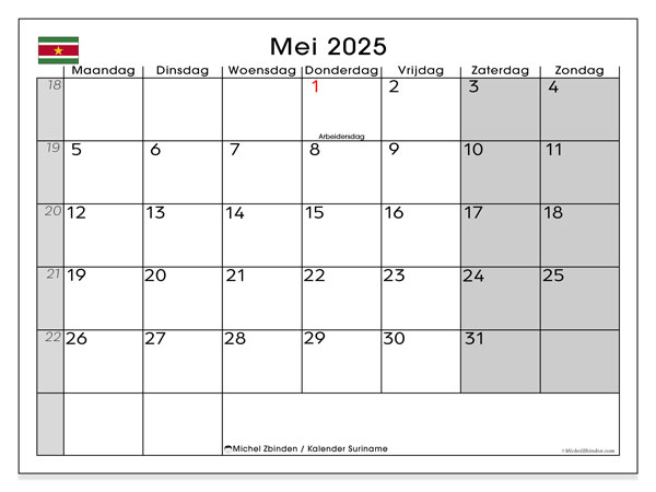 Kalender om af te drukken, mei 2025, Suriname (MZ)