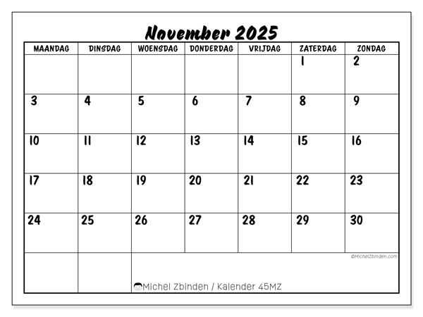 Kalender om af te drukken, november 2025, 45MZ