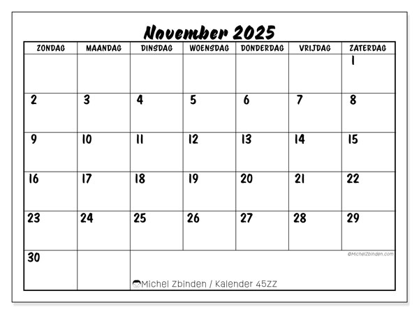 Kalender om af te drukken, november 2025, 45ZZ