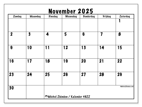 Kalender om af te drukken, november 2025, 48ZZ