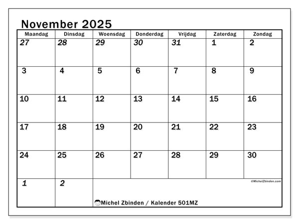 Kalender om af te drukken, november 2025, 501MZ