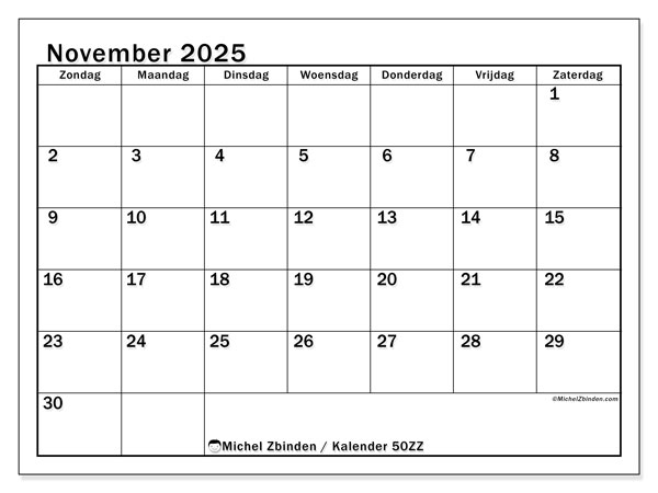 Kalender om af te drukken, november 2025, 50ZZ