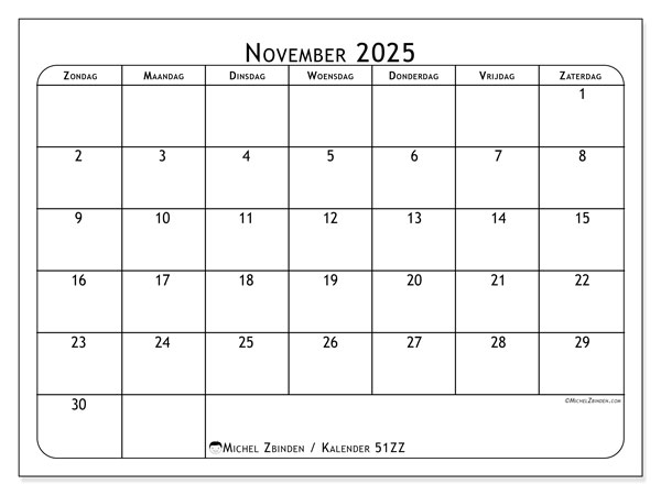 Kalender om af te drukken, november 2025, 51ZZ
