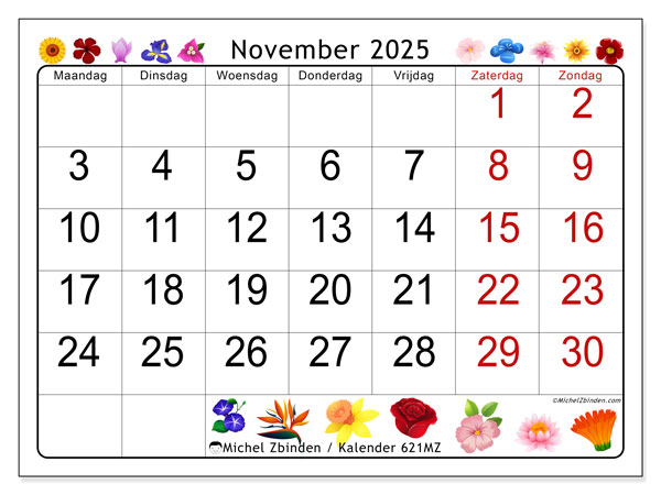 Kalender om af te drukken, november 2025, 621MZ
