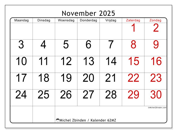 Kalender om af te drukken, november 2025, 62MZ