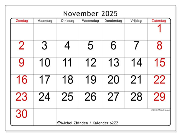 Kalender om af te drukken, november 2025, 62ZZ