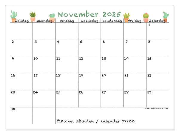 Kalender om af te drukken, november 2025, 772ZZ