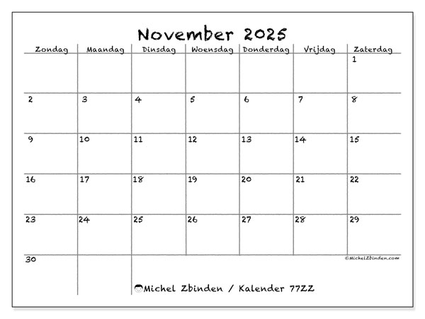 Kalender om af te drukken, november 2025, 77ZZ
