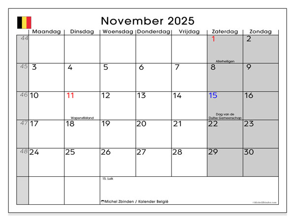 Kalendarz do druku, listopad 2025, Belgia (NL)