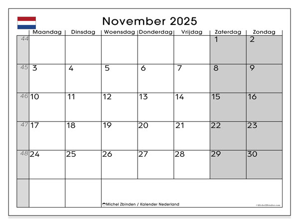Kalender zum Ausdrucken, November 2025, Niederlande