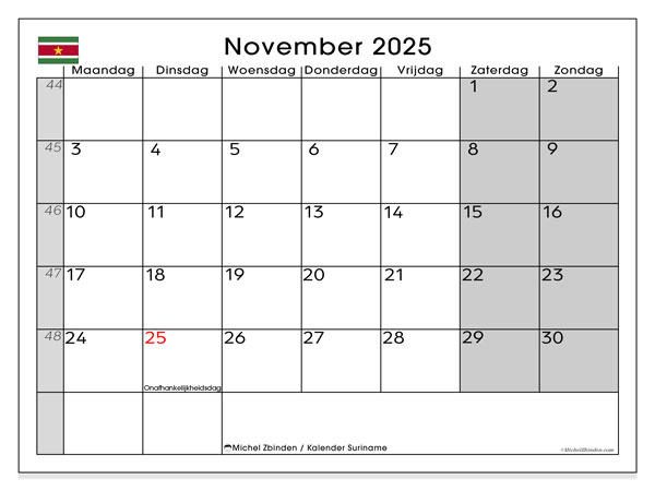 Kalender om af te drukken, november 2025, Suriname (MZ)