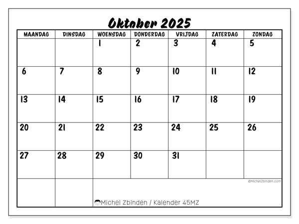 Kalender om af te drukken, oktober 2025, 45MZ