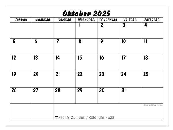 Kalender om af te drukken, oktober 2025, 45ZZ
