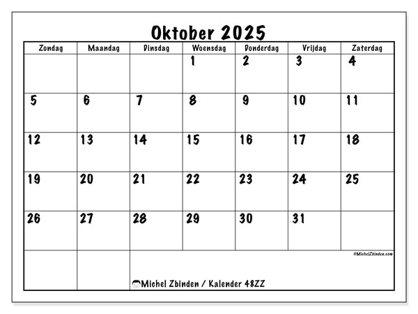 Kalender om af te drukken, oktober 2025, 48ZZ