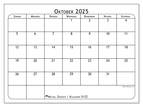 Kalender om af te drukken, oktober 2025, 51ZZ