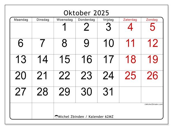 Kalender om af te drukken, oktober 2025, 62MZ