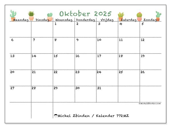 Kalender om af te drukken, oktober 2025, 772MZ