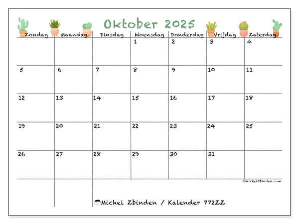 Kalender om af te drukken, oktober 2025, 772ZZ
