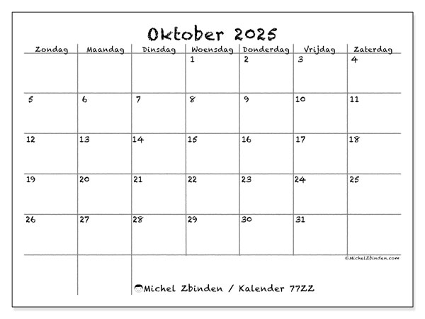 Kalender om af te drukken, oktober 2025, 77ZZ