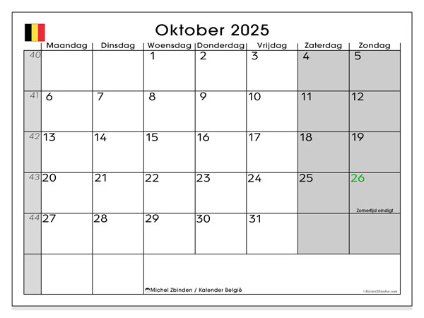 Kalender zum Ausdrucken, Oktober 2025, Belgien (NL)