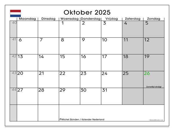 Calendario da stampare, ottobre 2025, Paesi Bassi