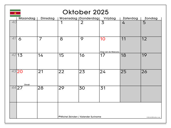 Kalender om af te drukken, oktober 2025, Suriname (MZ)