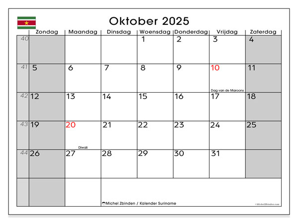 Kalender om af te drukken, oktober 2025, Suriname (ZZ)
