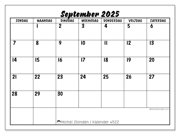 Kalender om af te drukken, september 2025, 45ZZ