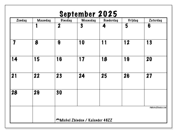 Kalender om af te drukken, september 2025, 48ZZ