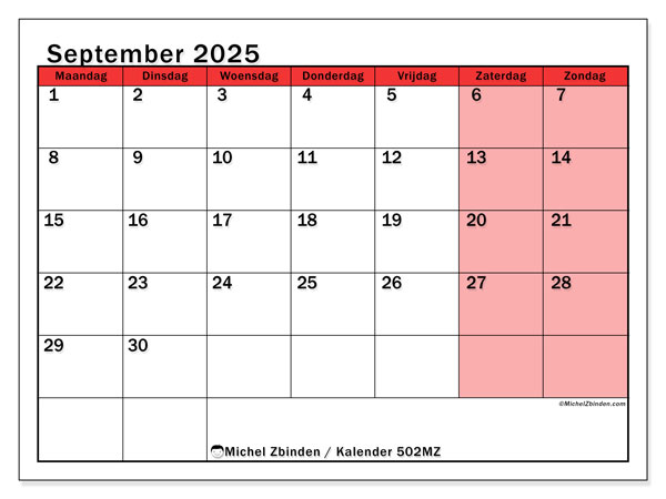 Kalender om af te drukken, september 2025, 502MZ