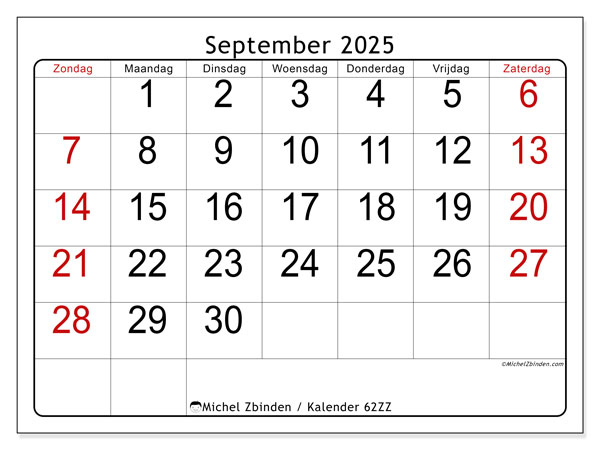Kalender om af te drukken, september 2025, 62ZZ